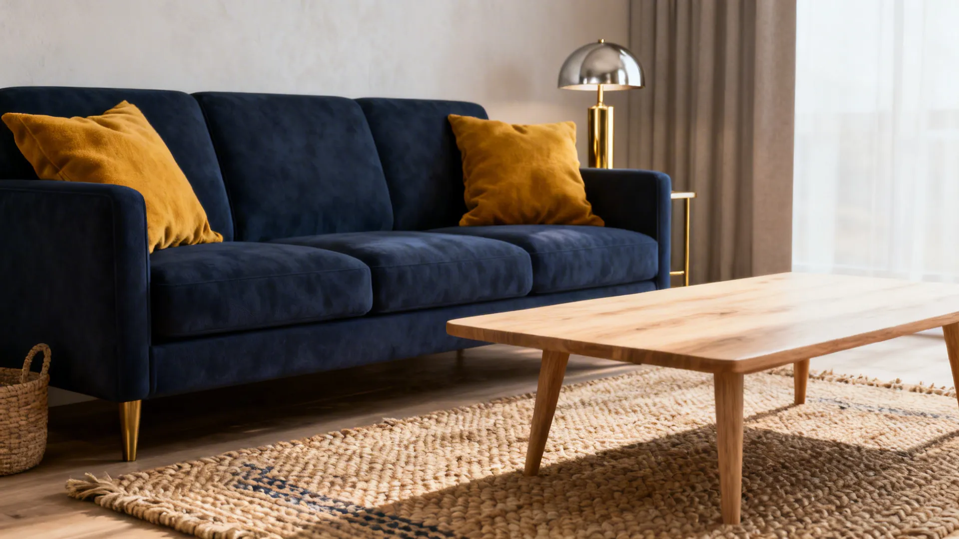 Close view of navy sofa with mustard pillows, woven rug and light wood accents