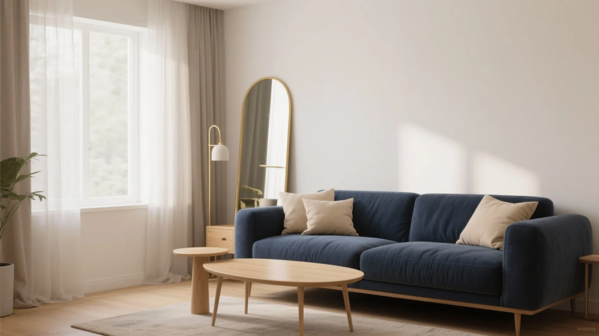 1. Anchor with a navy sofa and balance with light walls