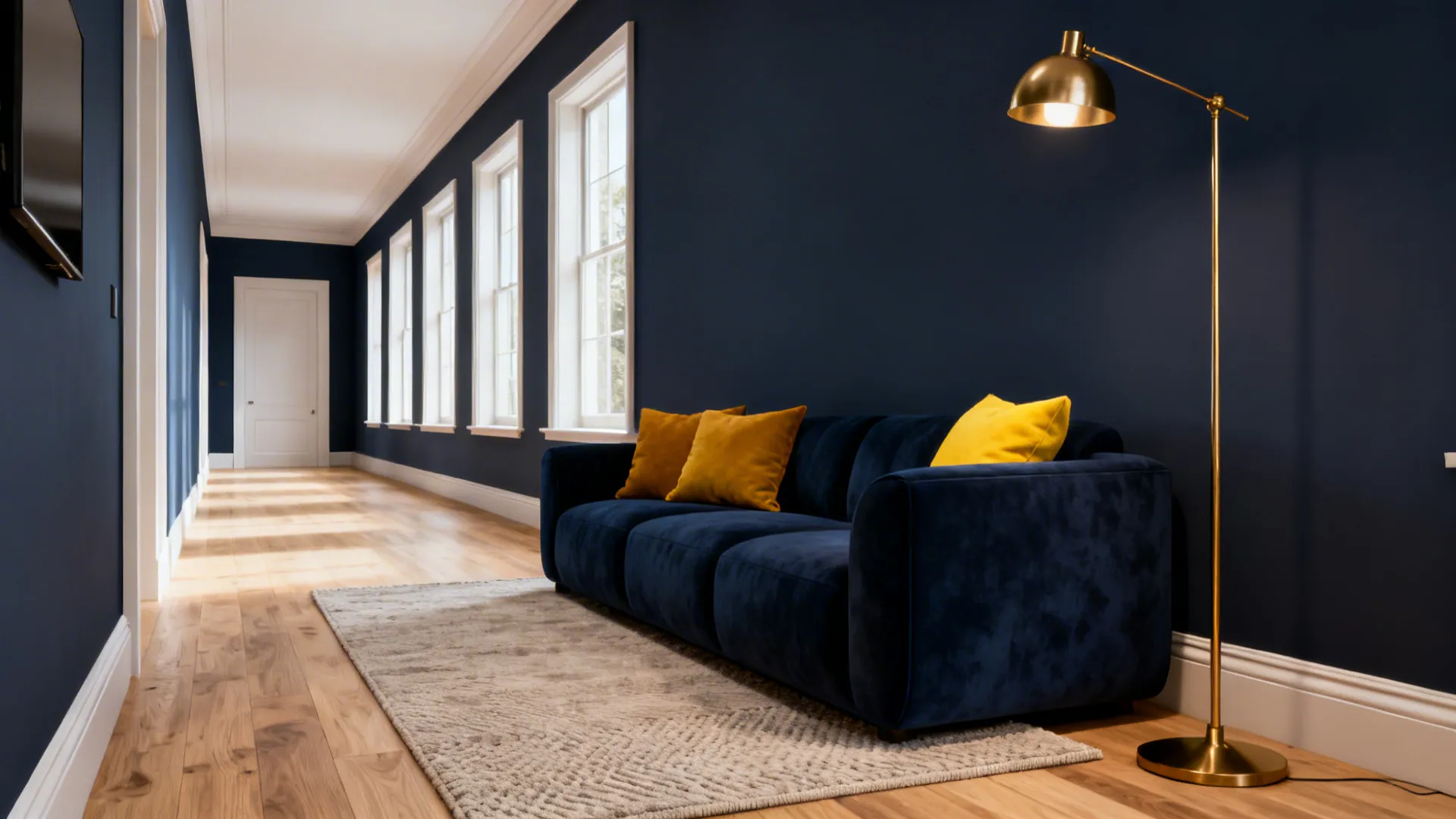 Long living room with deep navy walls, navy sofa and mustard yellow cushions with brass accents