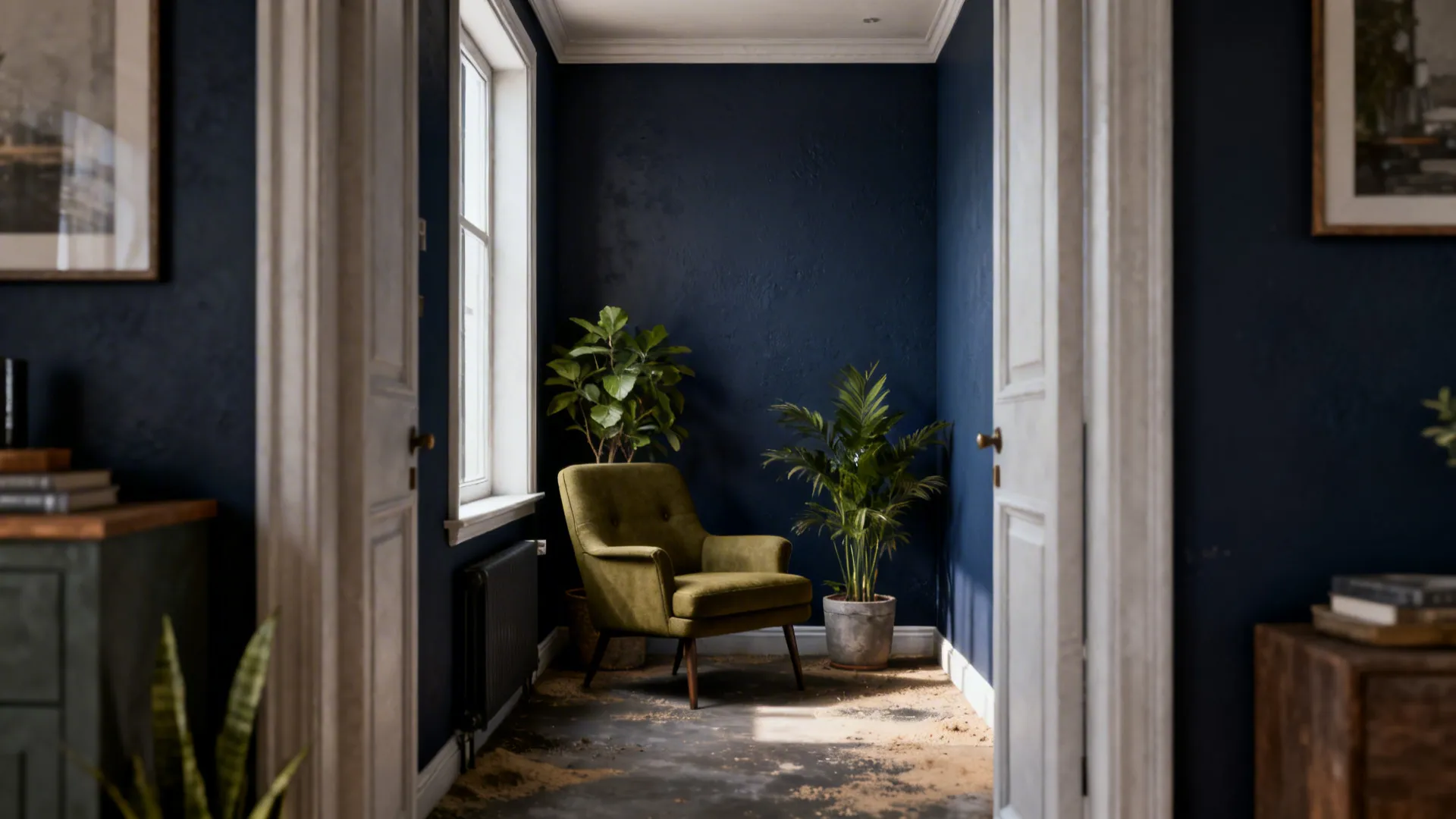 Narrow living area with a deep navy accent wall, olive armchair and greenery by a window.