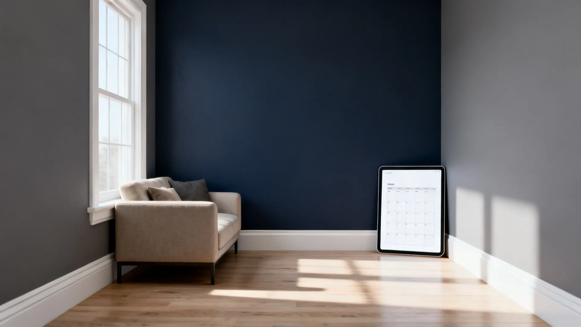 Small living room with a navy accent wall, mid-grey surrounding walls and pale wood trim.