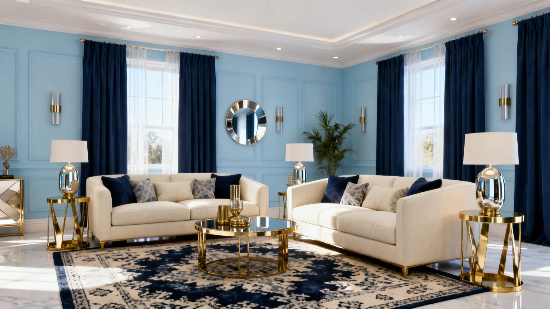 Contemporary living room with navy curtains, pale blue walls and cream furniture with brass accents