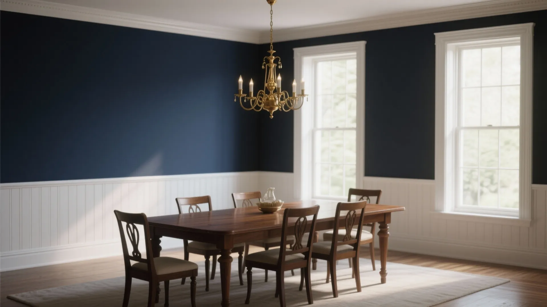Classic dining room featuring navy blue walls white wall panels wooden table and ceiling light