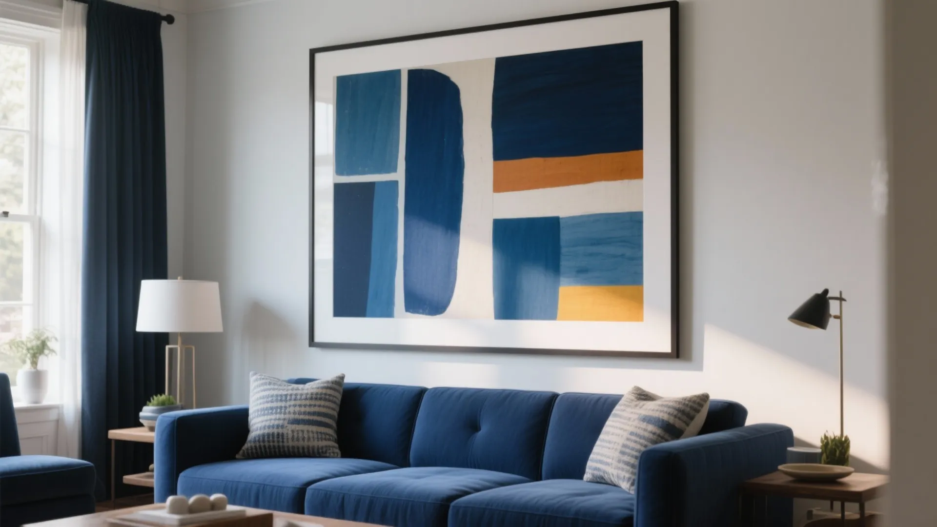 Large blue and yellow abstract wall art hanging above a navy sofa in bright living room