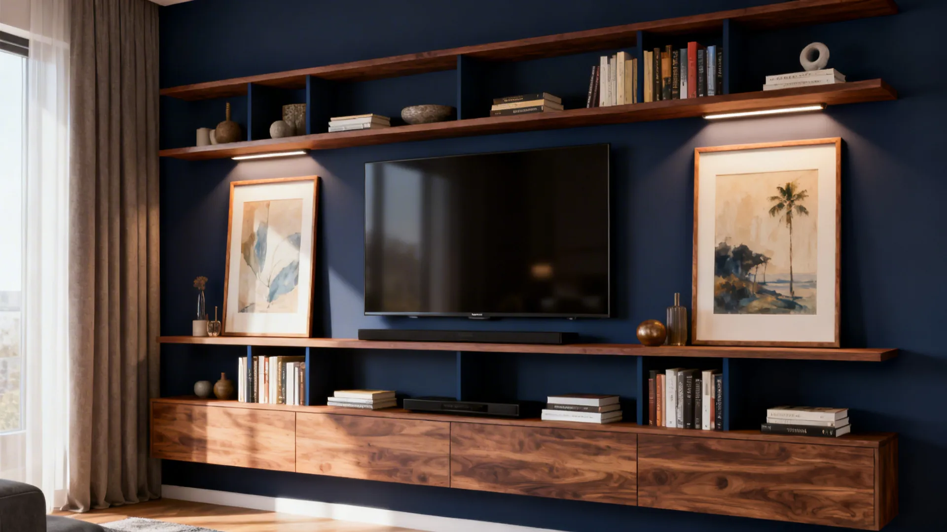 Navy media wall with open shelves and framed artwork highlighted by directional lighting.