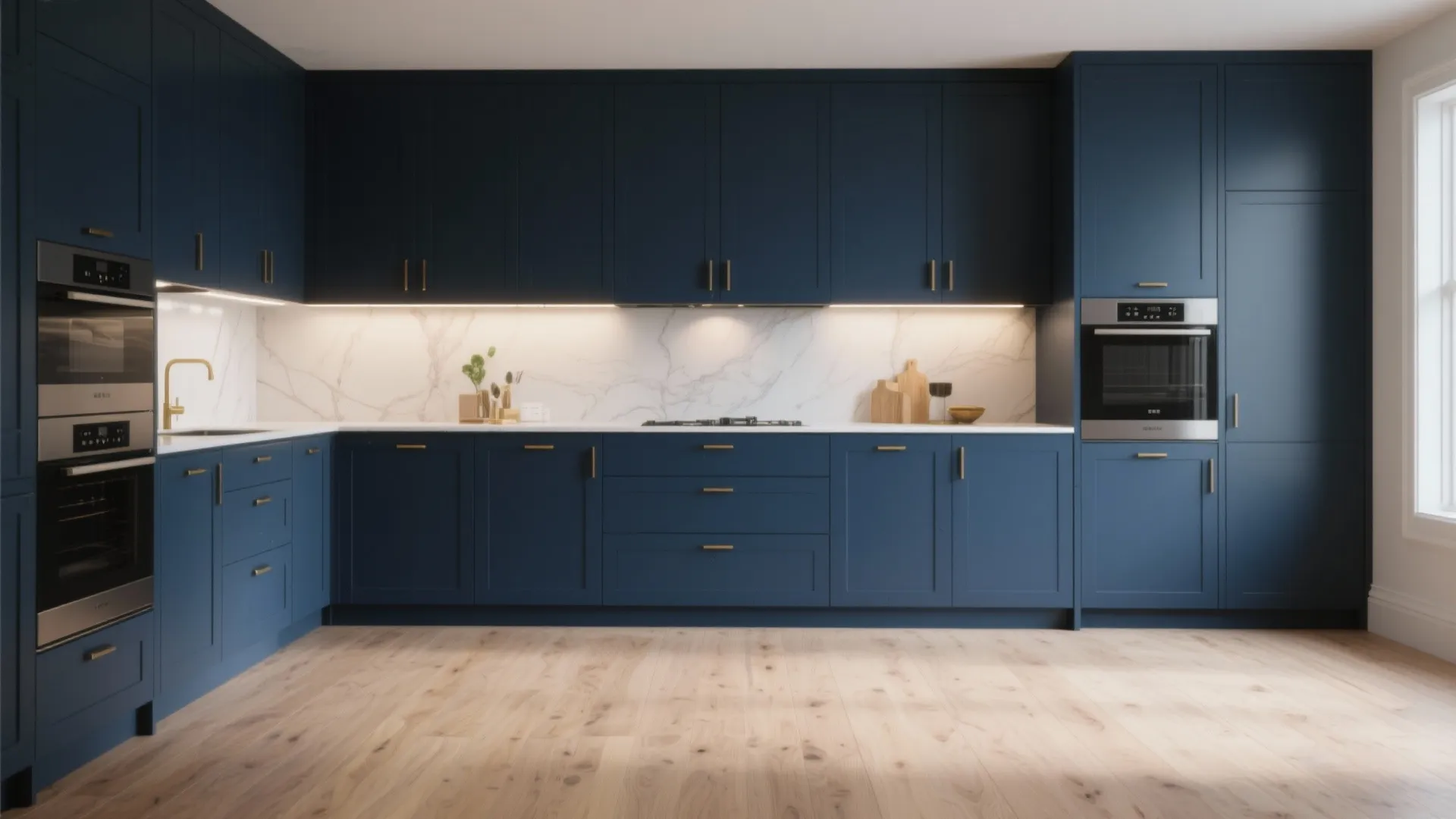 2. Deep Navy Cabinets + Light Ash Floors