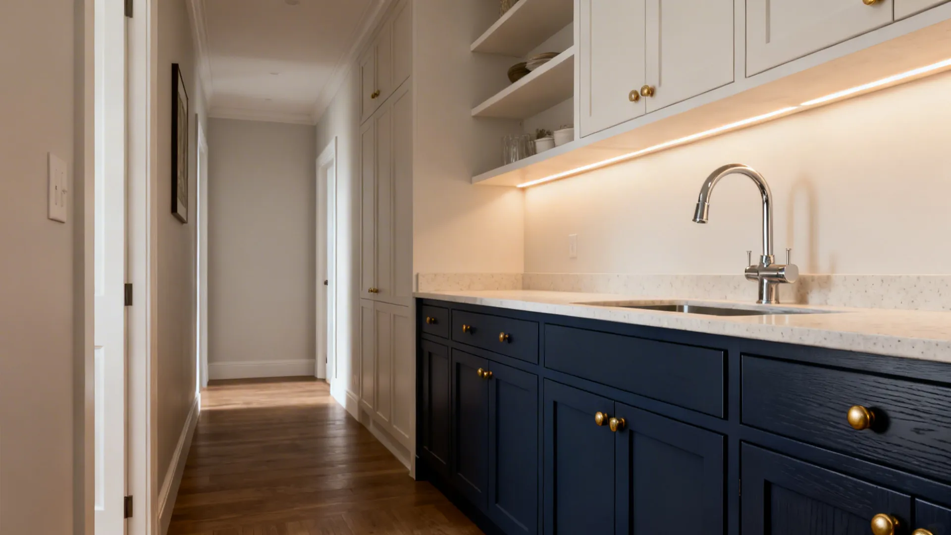 Small kitchen with deep navy base cabinets, light walls, brass hardware, and under-cabinet lighting.