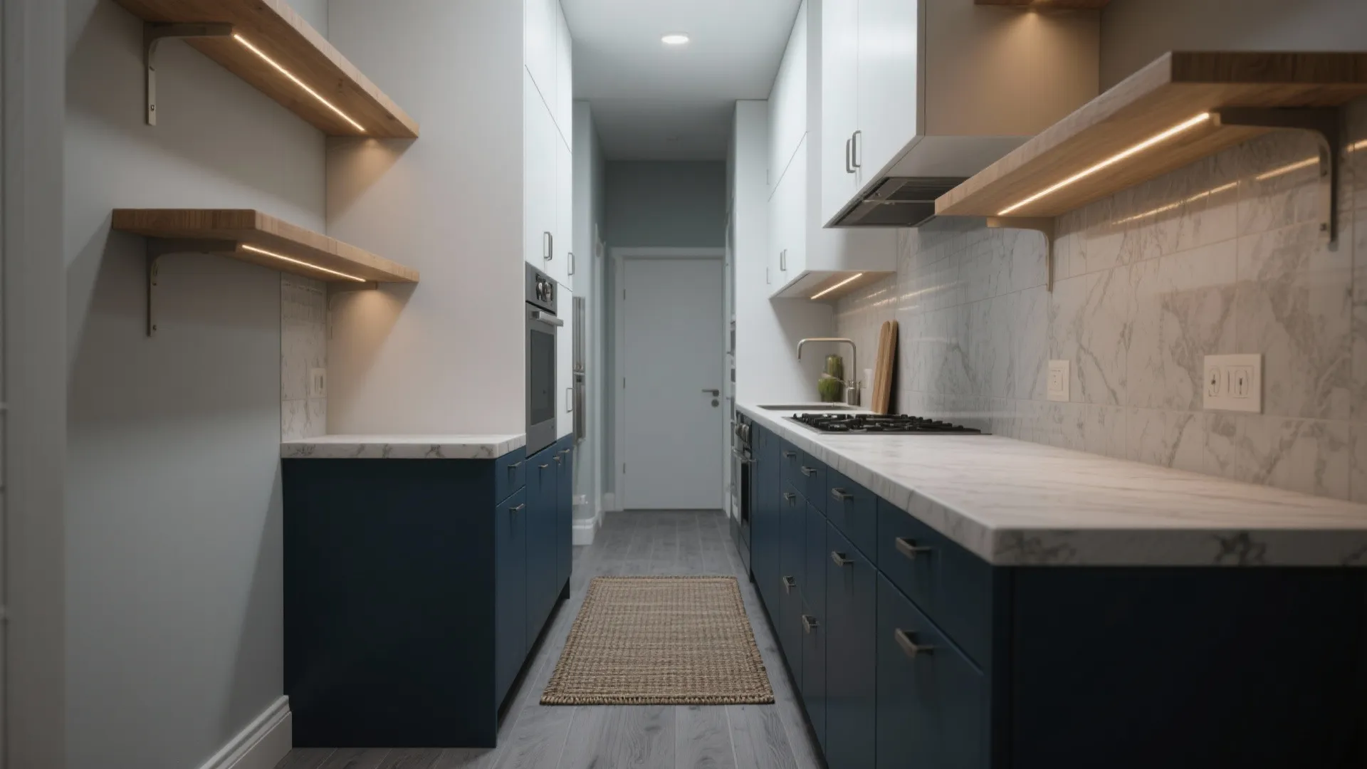 Narrow galley kitchen with grey laminate flooring and deep navy base cabinets creating visual depth.