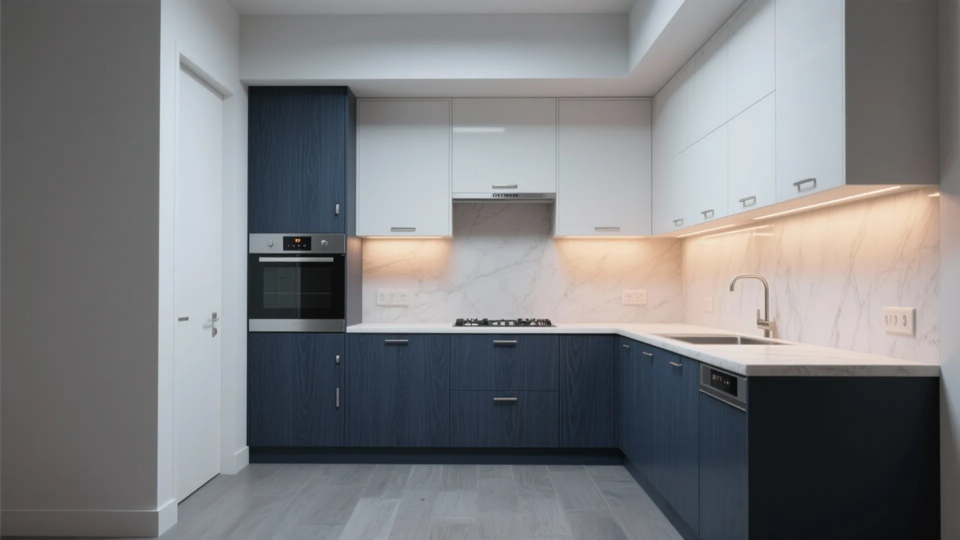 3. Pair gray laminate with high-contrast base cabinets