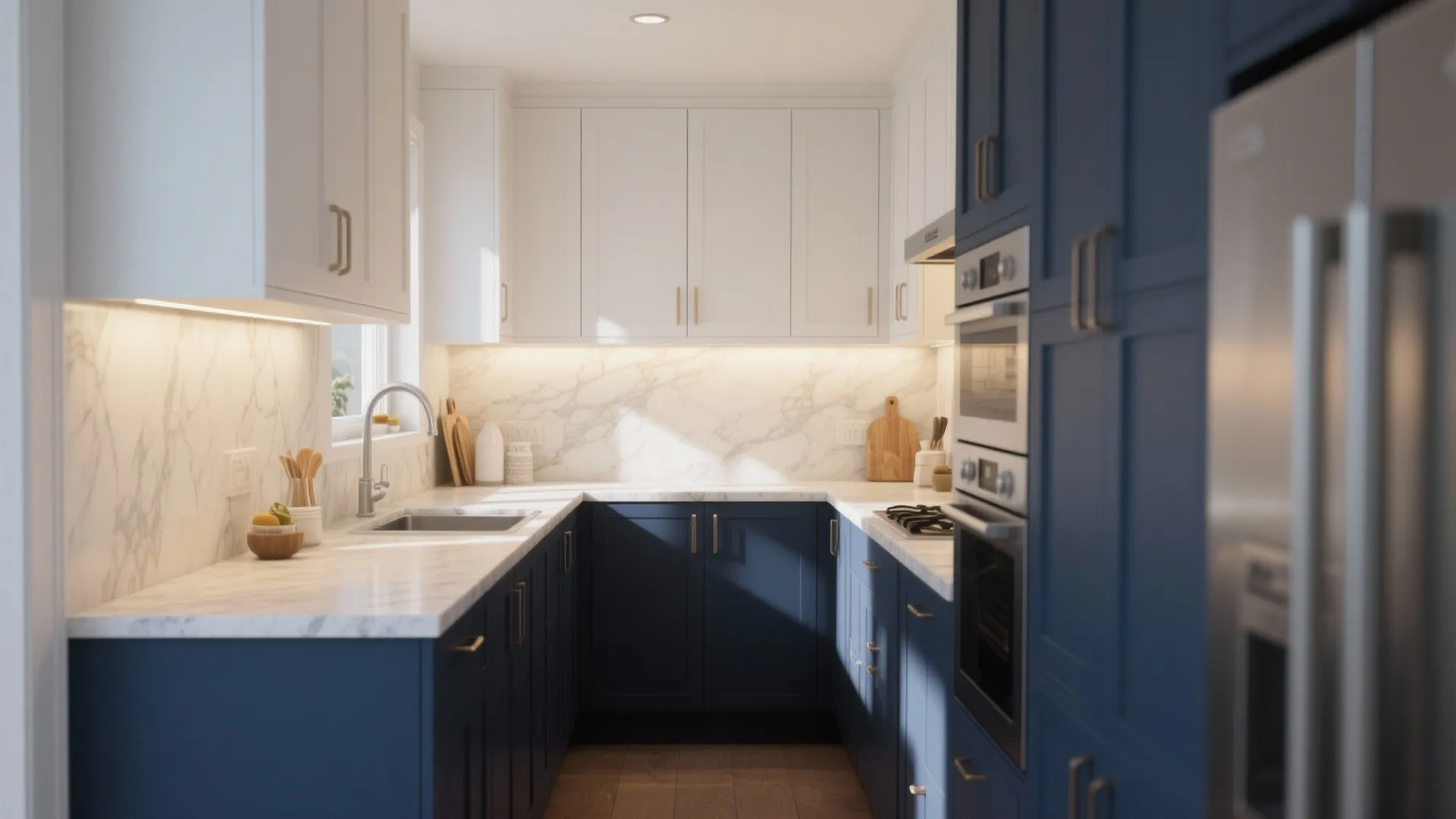 1. Navy Base Cabinets + White Upper Cabinets