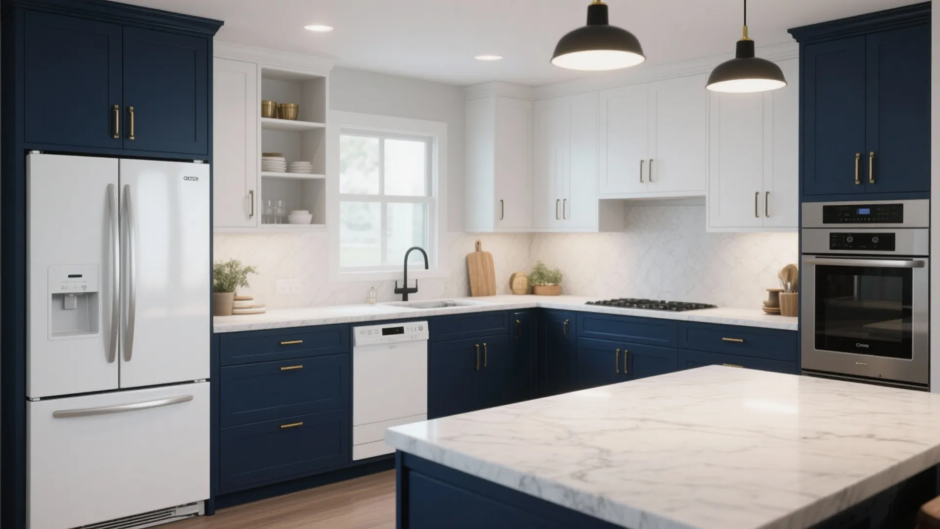 Kitchen with navy lower cabinets and white appliances, creating contrast and a modern grounded look.