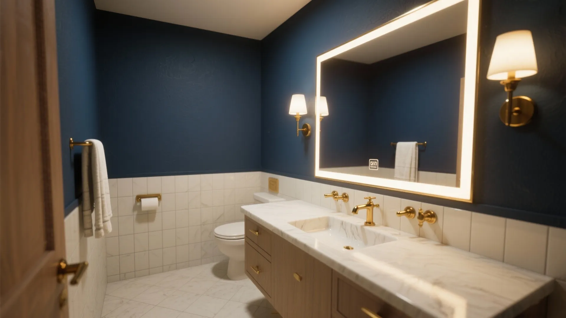5. Small Bathroom Drama with Navy and Brass