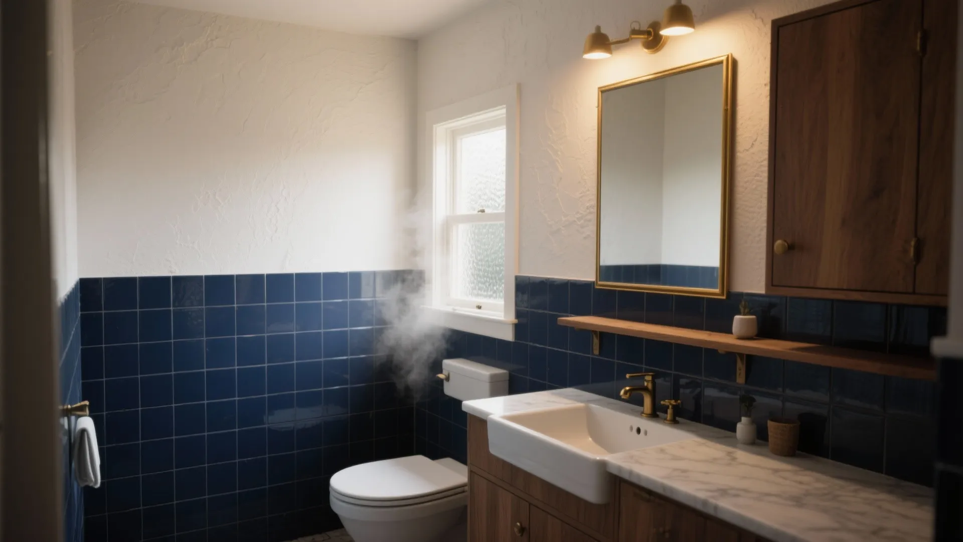 Modern bathroom with blue wall tiles white sink wooden cabinet gold wall light and mirror