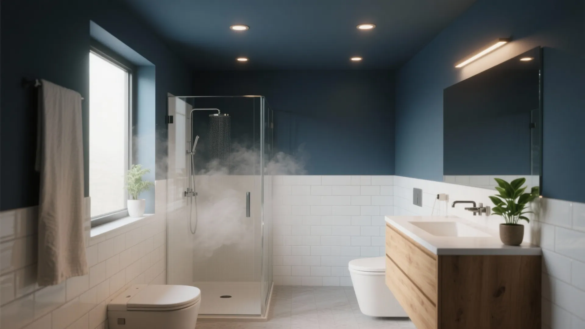 Modern bathroom with navy blue ceiling and walls featuring a glass shower and wooden cabinet