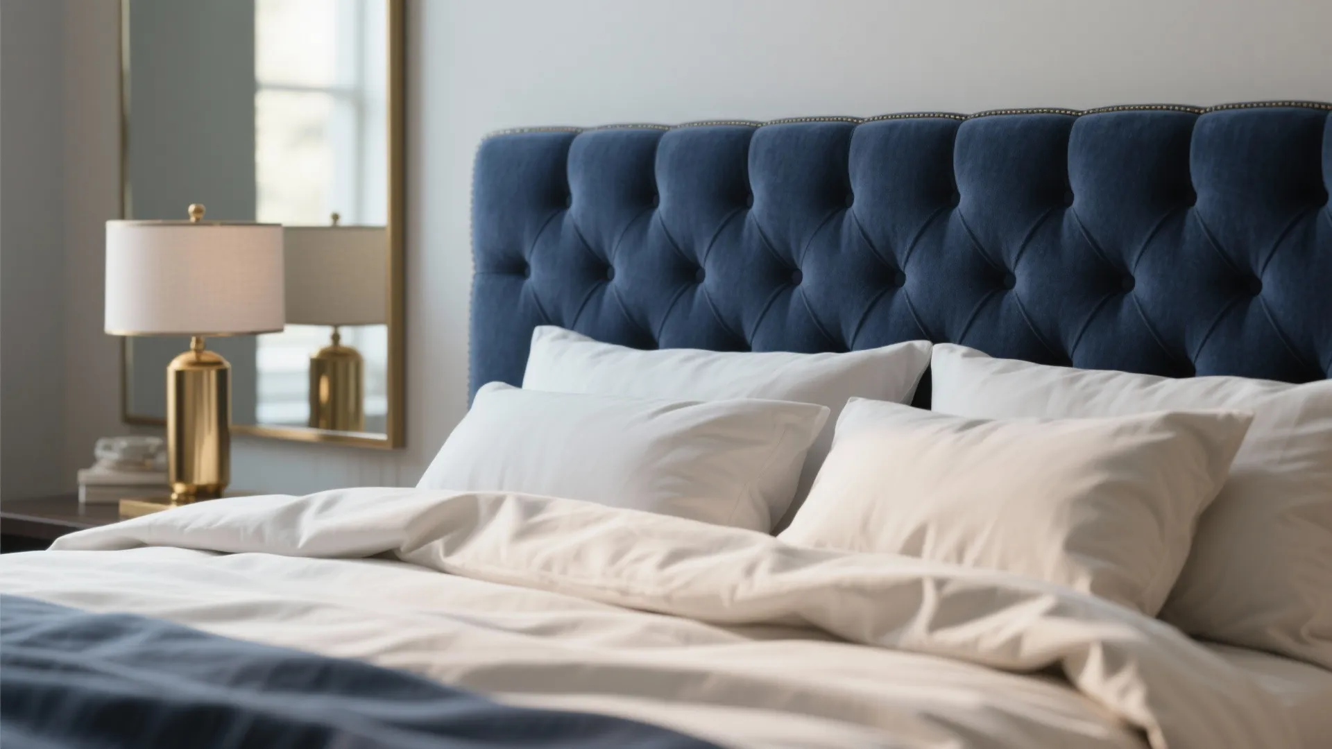 Close up of blue padded headboard with white pillows and gold table lamp in bedroom