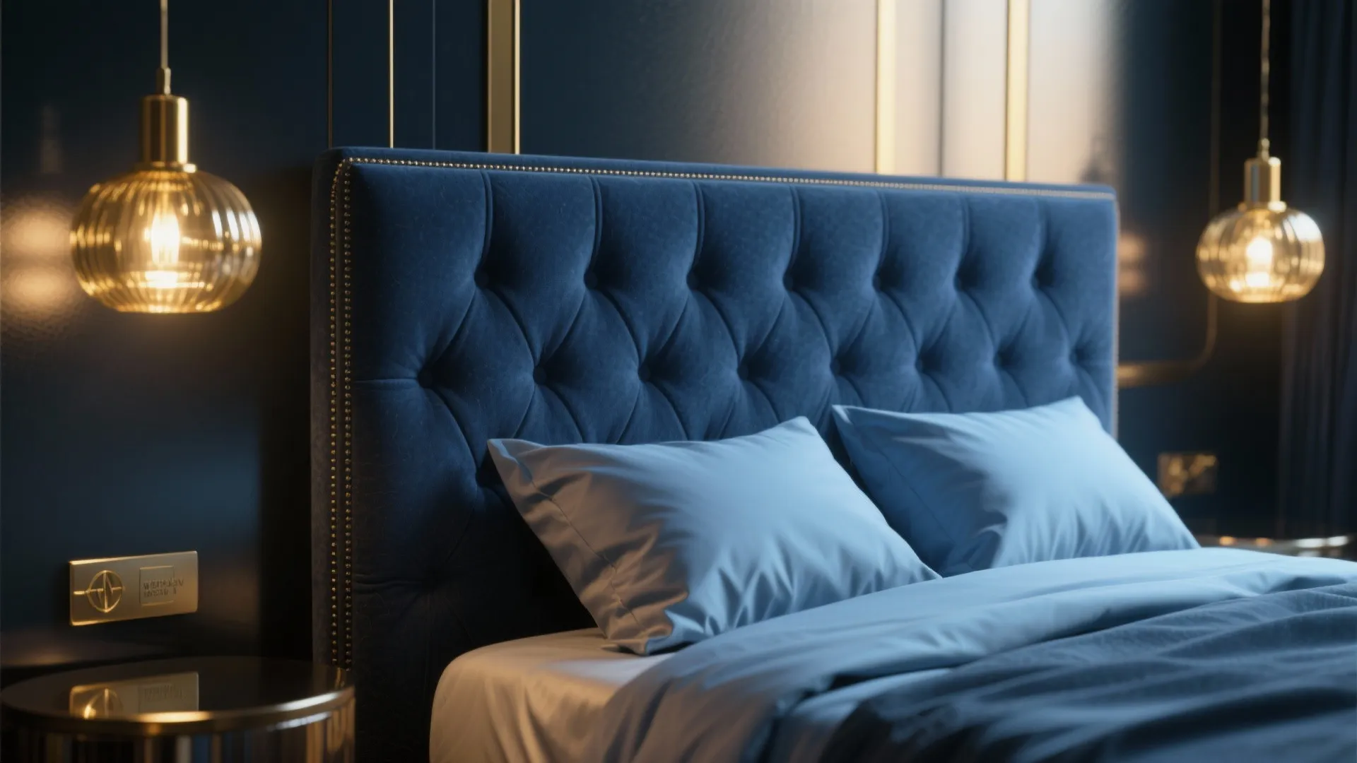 Tip 2: Navy Bedframe & Golden Lighting
