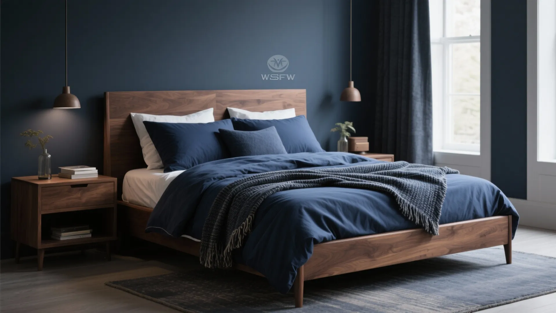 Modern bedroom featuring a wooden bed frame with navy blue bedding and matching dark blue walls