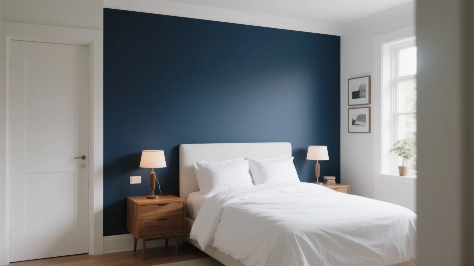Modern bedroom with navy blue accent wall white bed wood side tables and warm table lamps