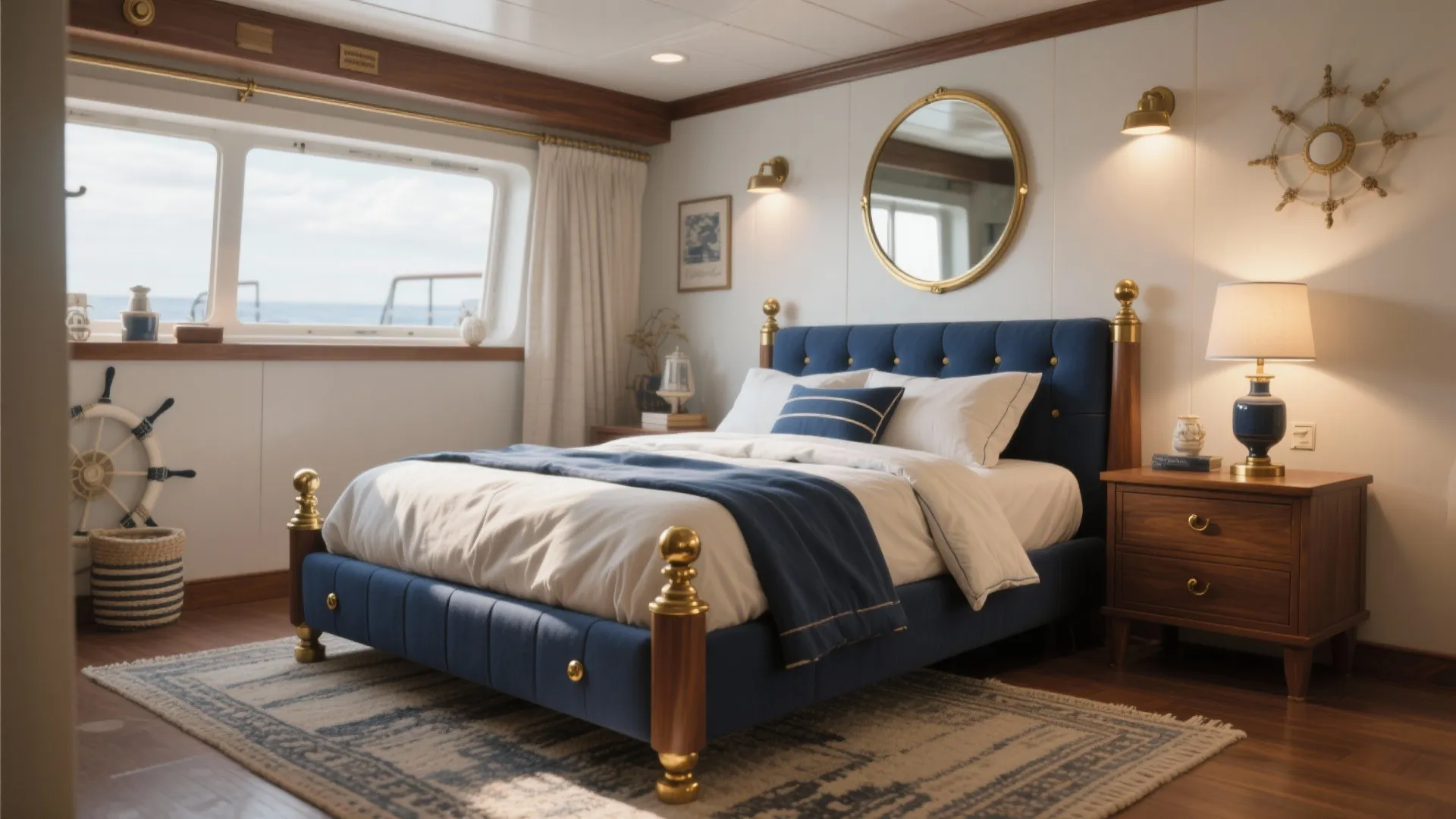 Nautical bedroom with blue bed wooden cabinet large window showing sea view and round mirror