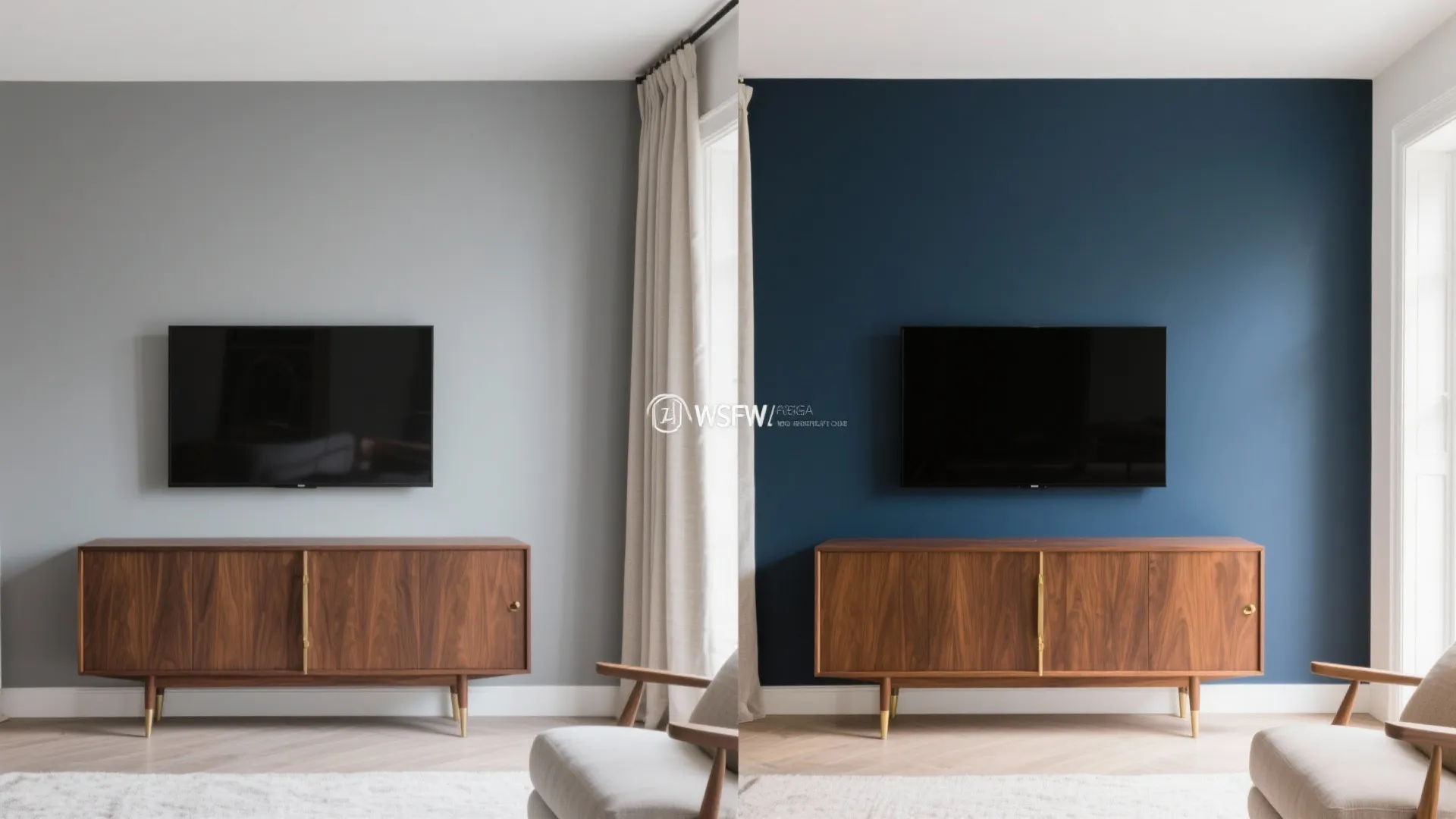 Before-and-after comparison of a living room wall changing from light grey to deep navy blue