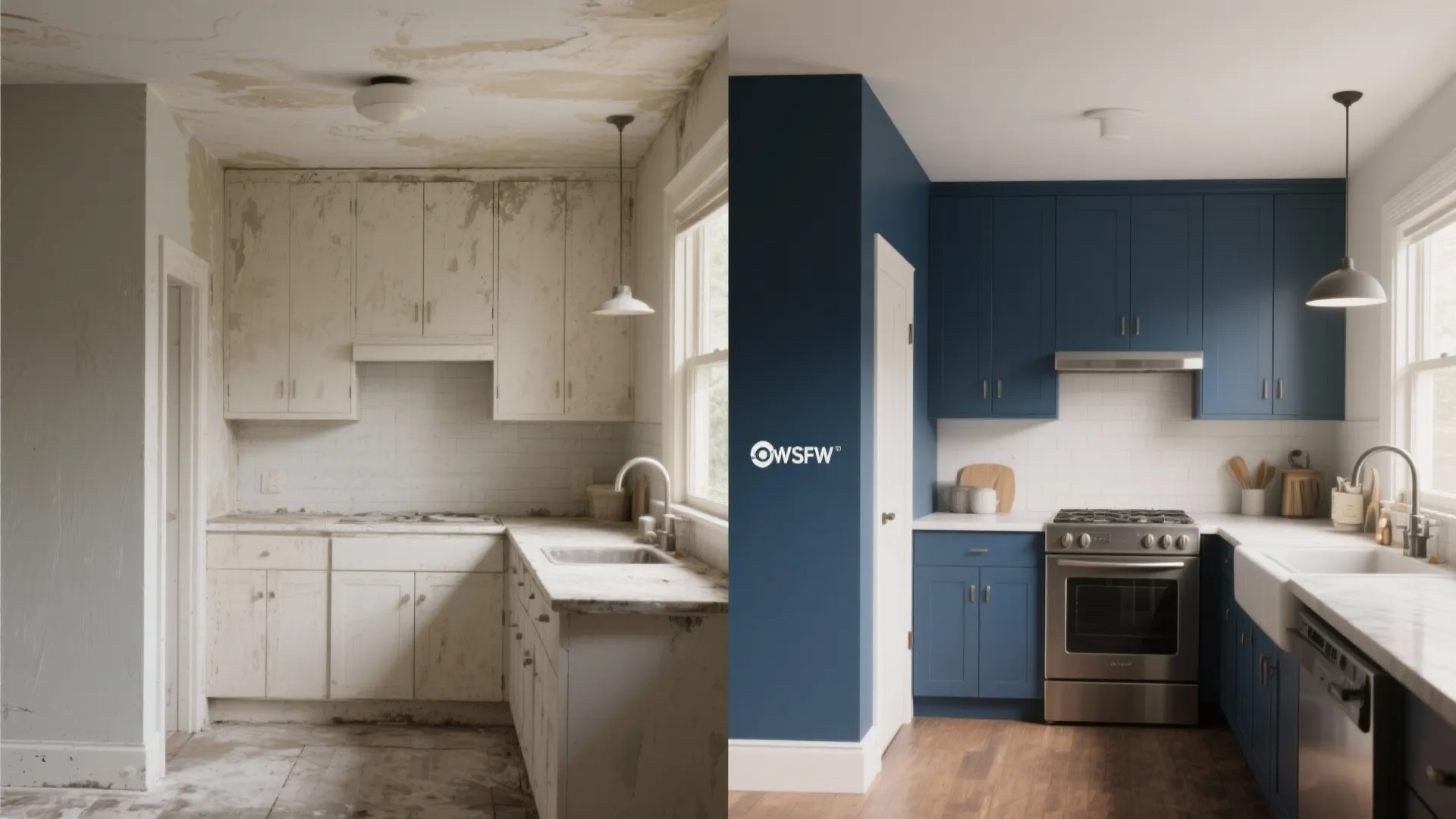 Before-and-after comparison showing a single navy panel test versus the original neutral kitchen