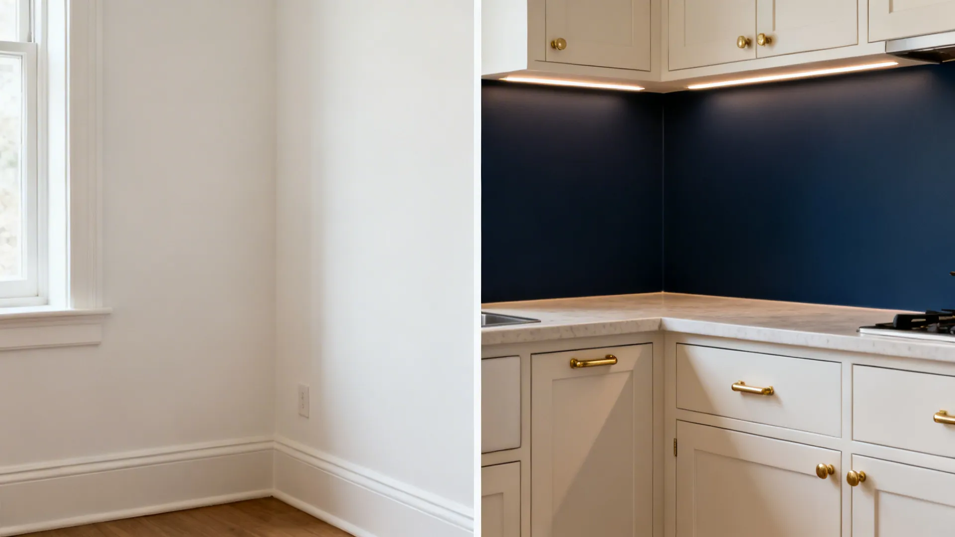 Before-and-after of a compact kitchen corner showing a new navy accent with lighting.