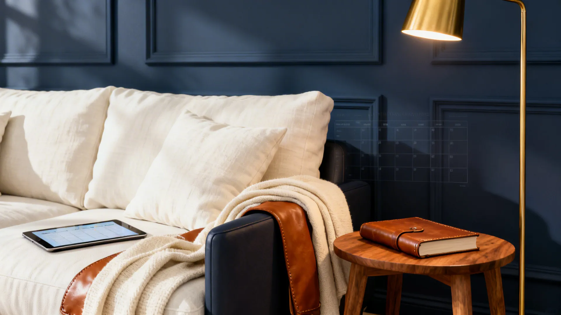 Navy accent wall behind a sofa with warm oak and brass accents and a slim floor lamp.