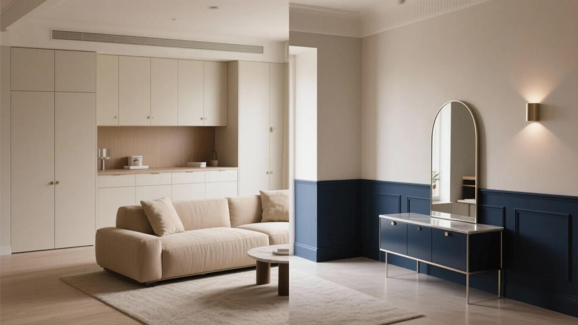 3. Moody Contrast: Deep Navy with Sandy Beige