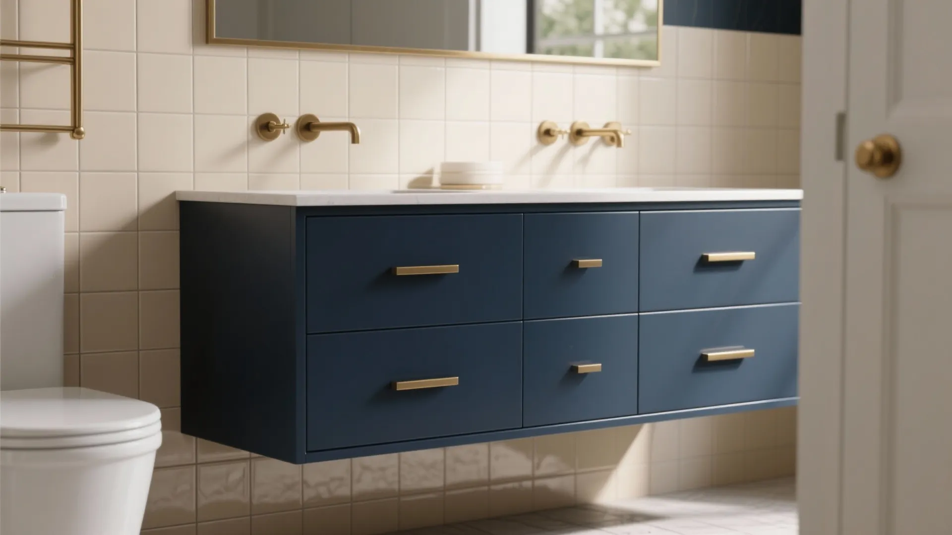1. Navy Vanity with Beige Subway Tiles