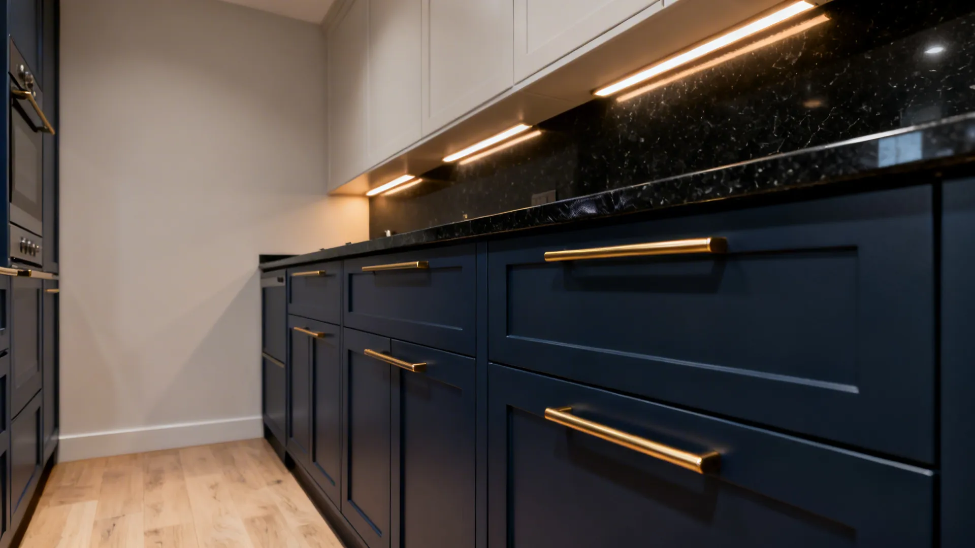 Compact kitchen with navy base cabinets, black granite, and brushed brass hardware.