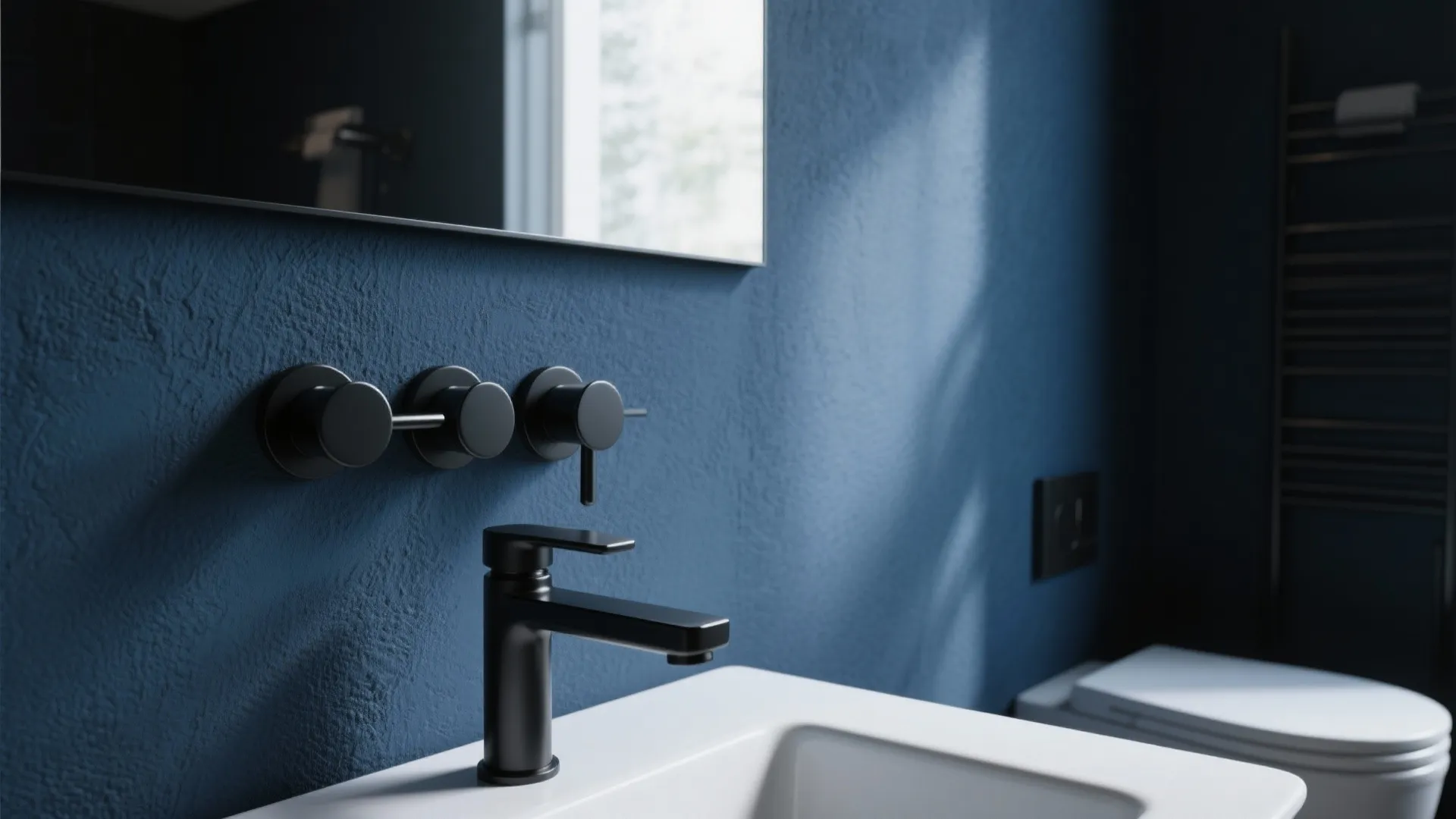 1. Deep Navy Walls with Matte Black Fixtures