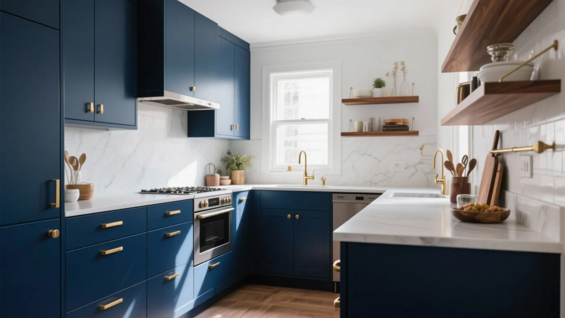 Navy blue kitchen cabinets with gold handles white marble walls wooden open shelves and gold faucet