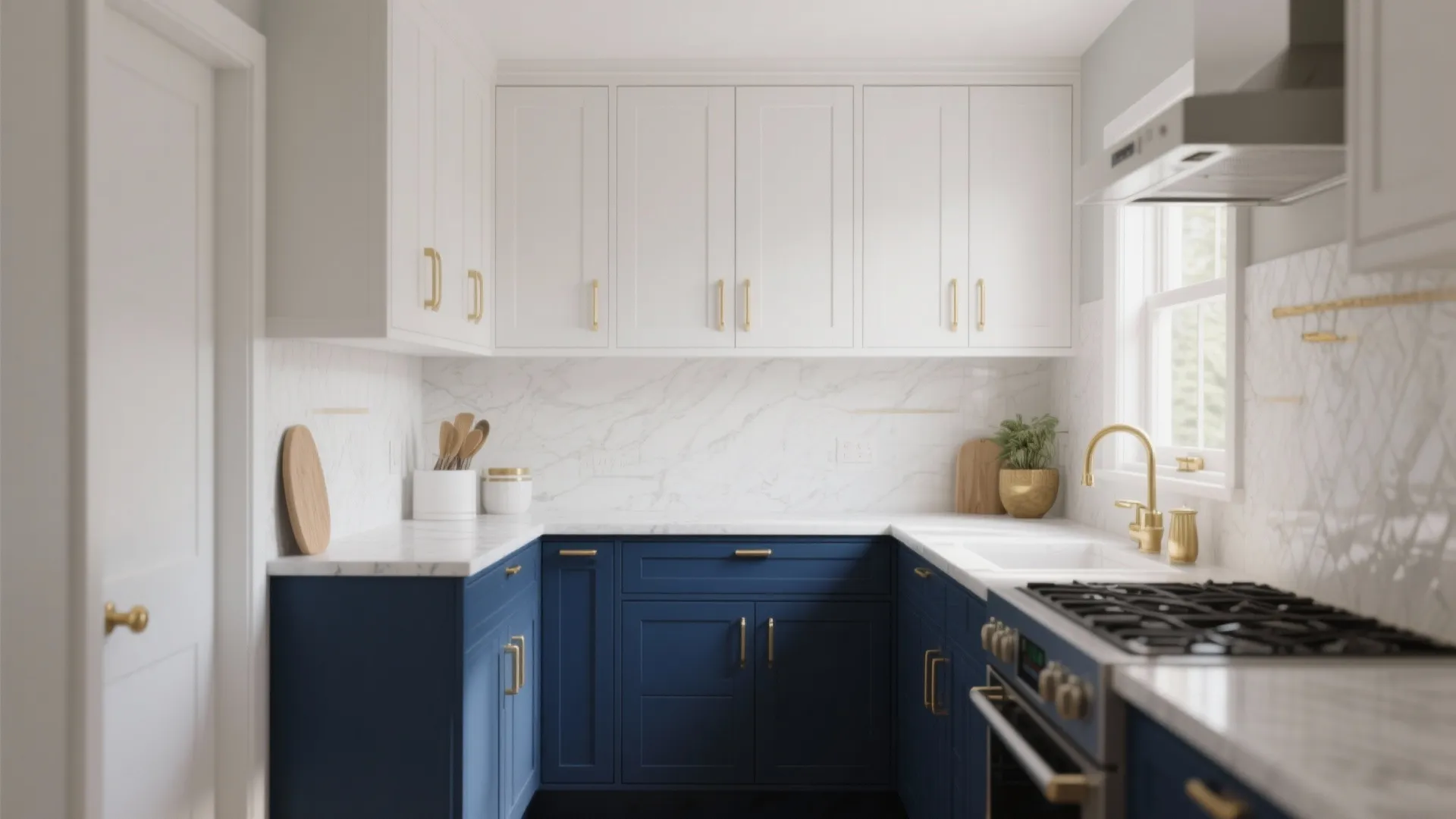 Blue and white kitchen design with gold handles marble backsplash gas stove and bright window