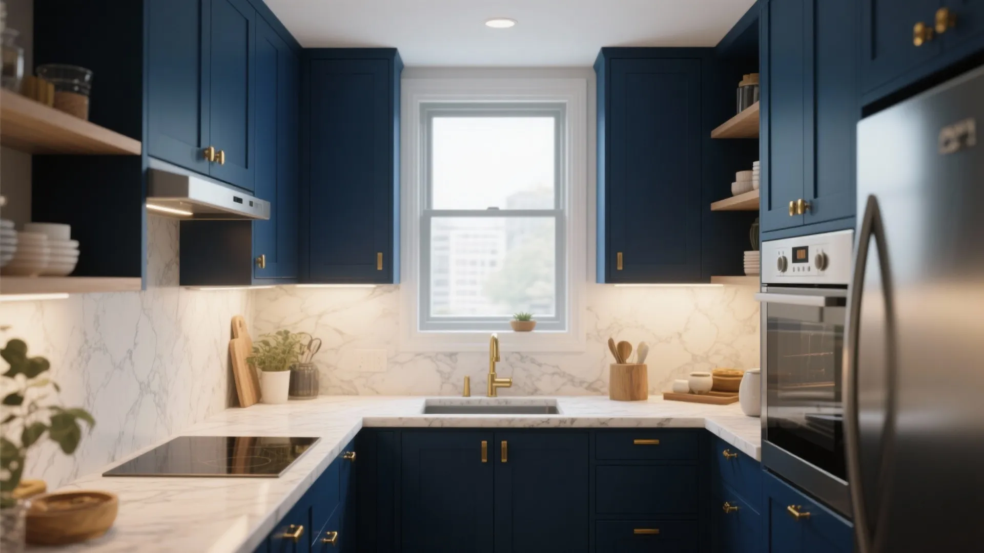 Elegant navy blue kitchen with gold handles marble backsplash sink window and stainless steel oven