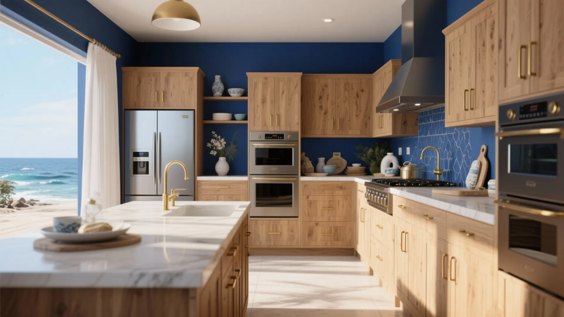 Bold navy walls paired with beech cabinets and brass handles