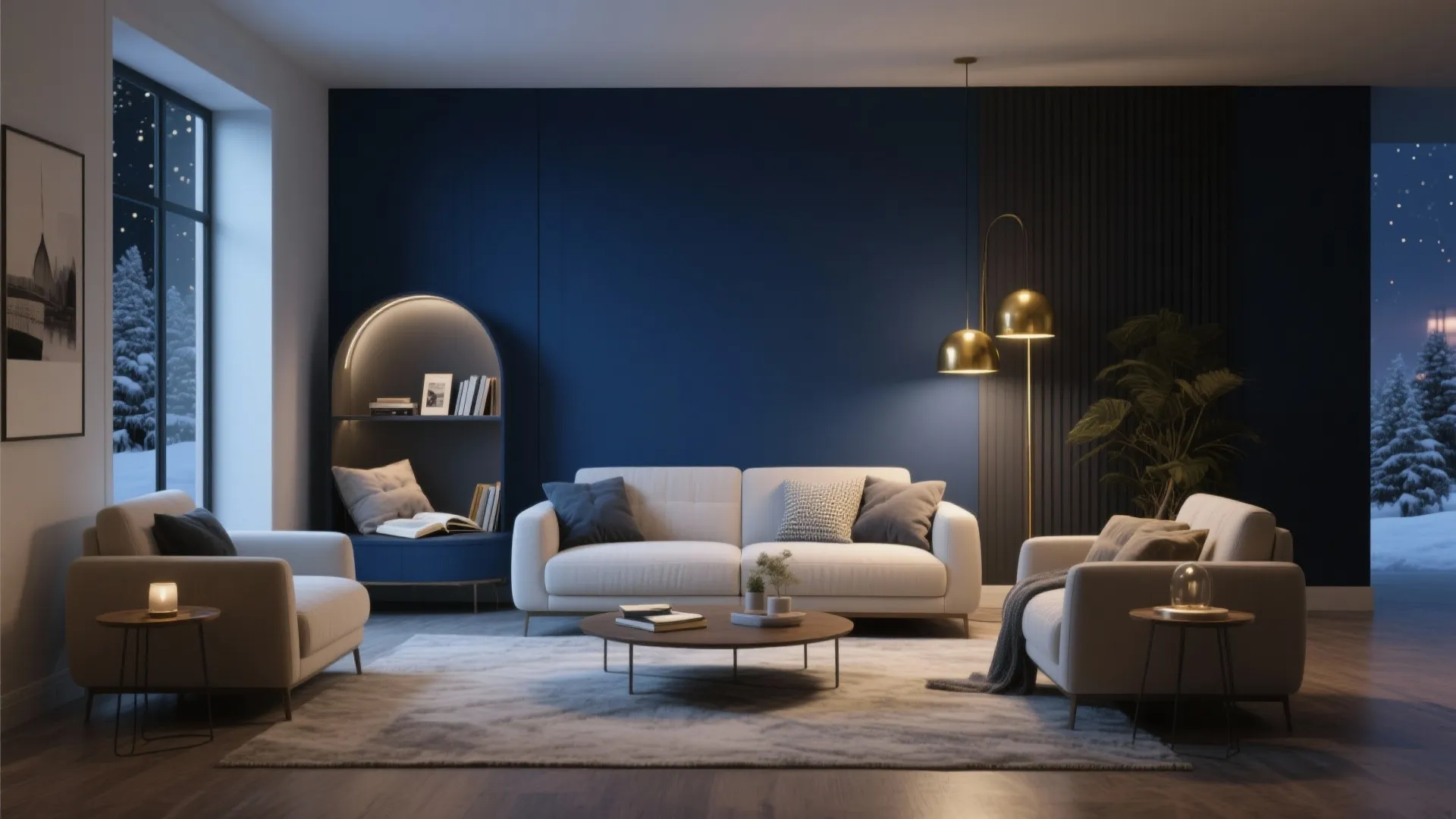 Living room with deep navy blue accent wall and light furnishings