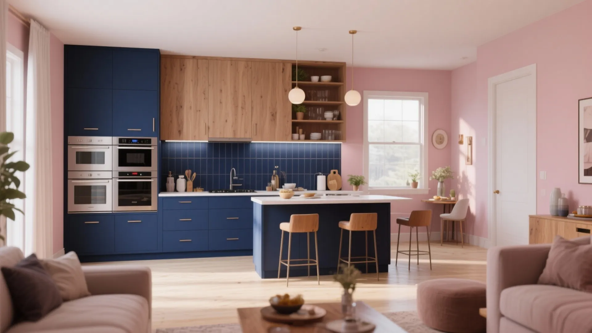 2. Deep Navy Anchors the Kitchen, Pale Blush Calms the Living