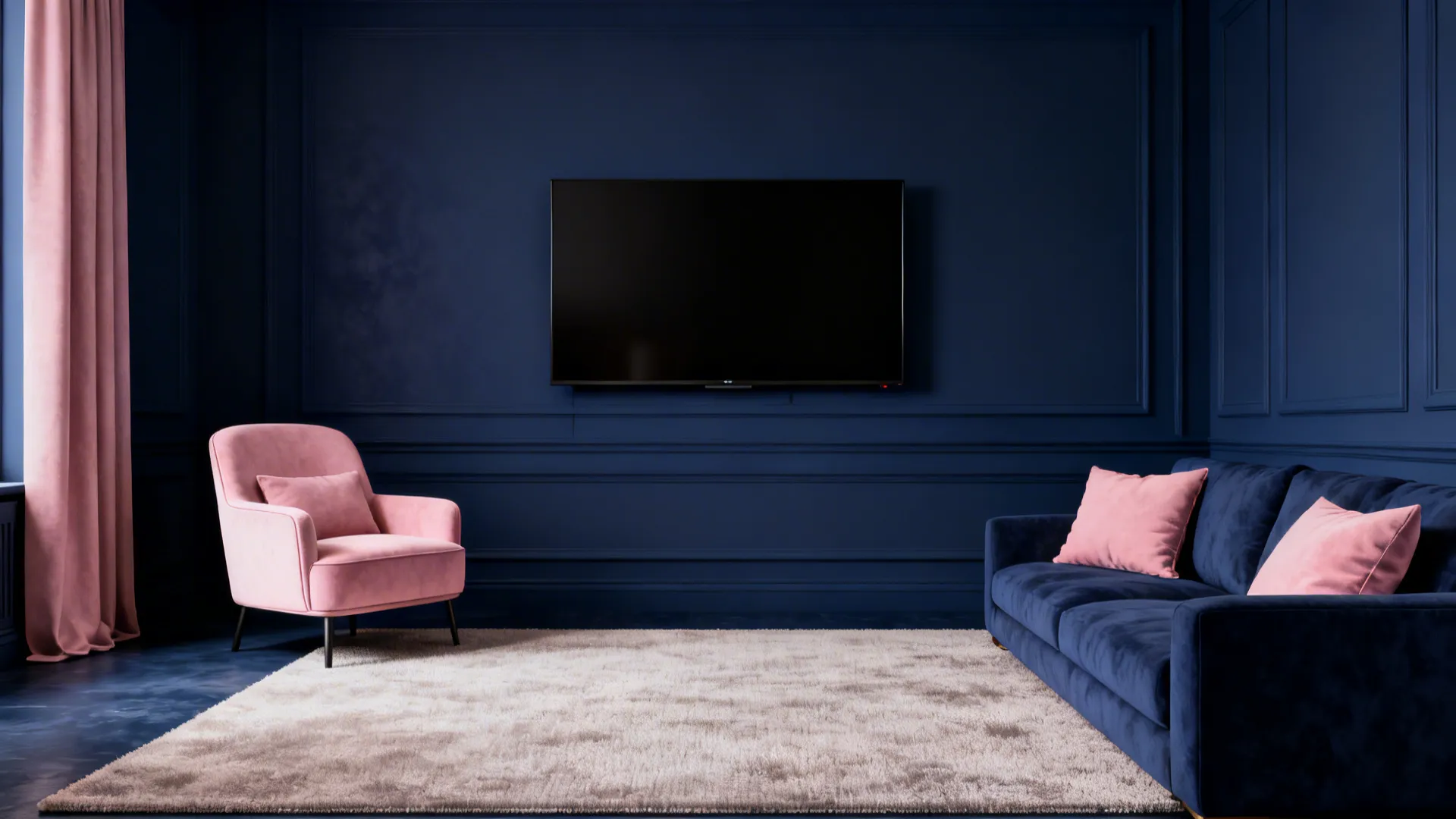Living room with navy blue feature wall and blush pink accent furniture and textiles.