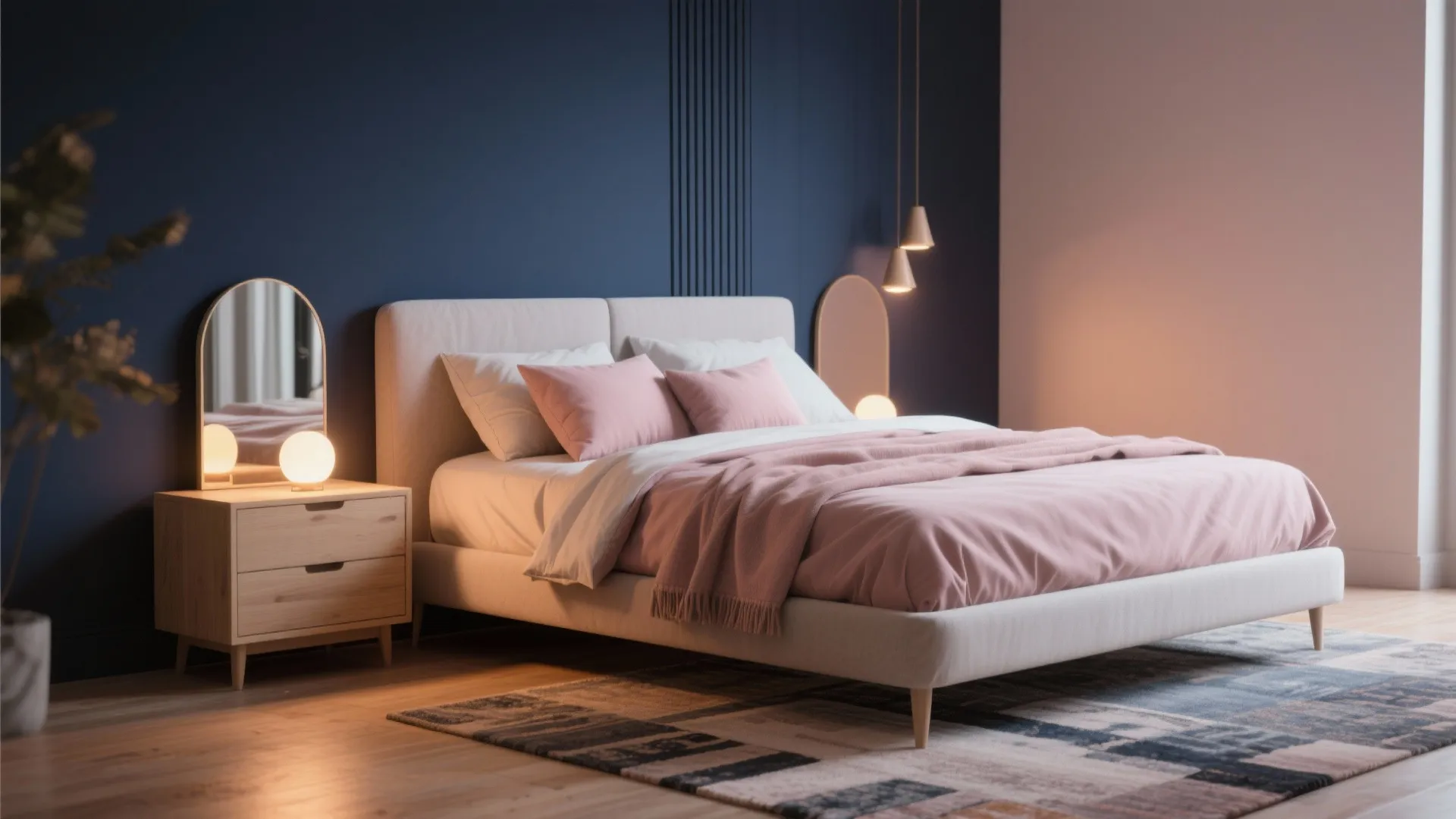 Modern bedroom with navy blue wall pink bedding white bed wooden cabinet and warm lights