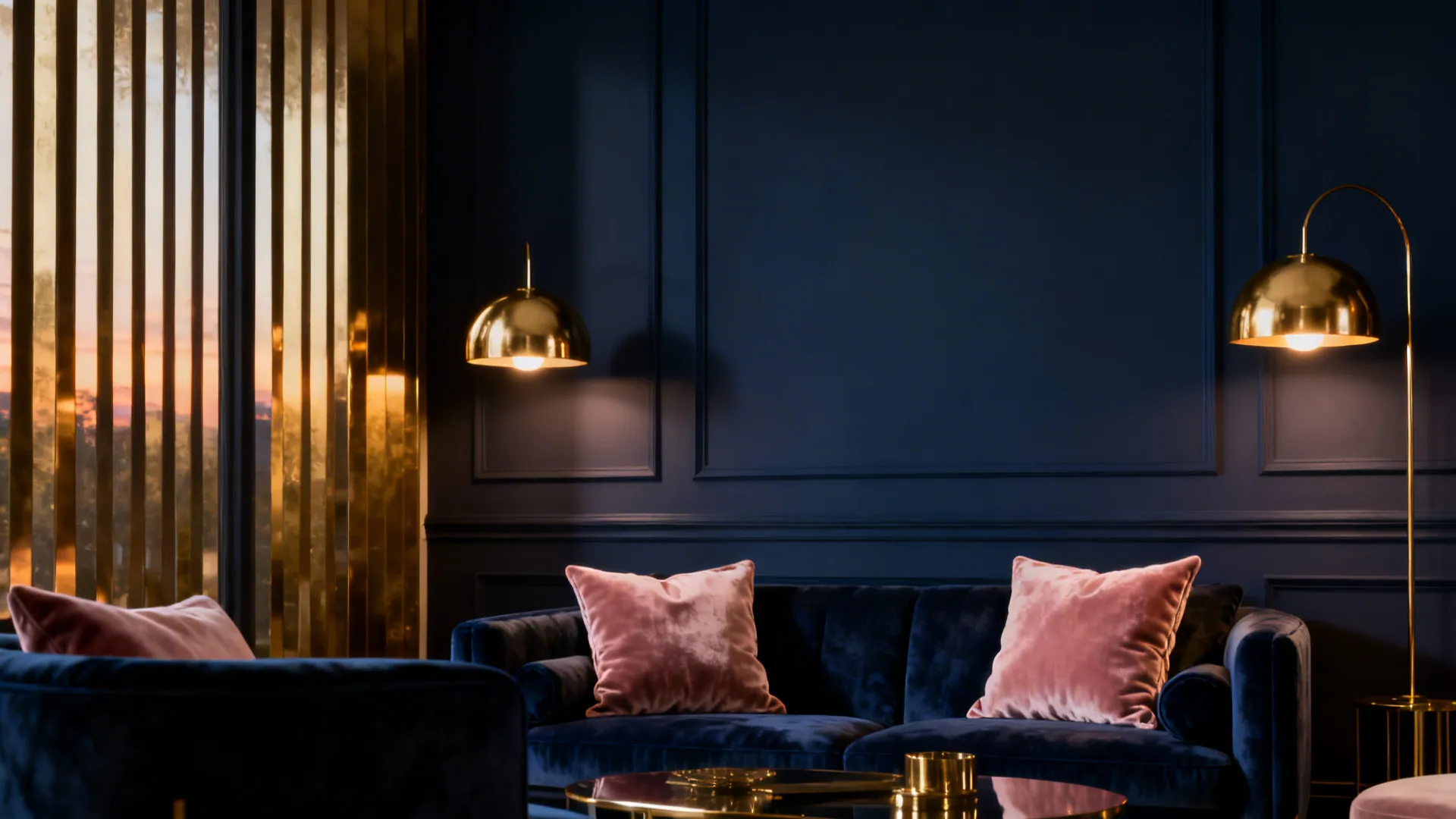 Dramatic living room with deep navy accents, blush textiles and brass fixtures for warmth.