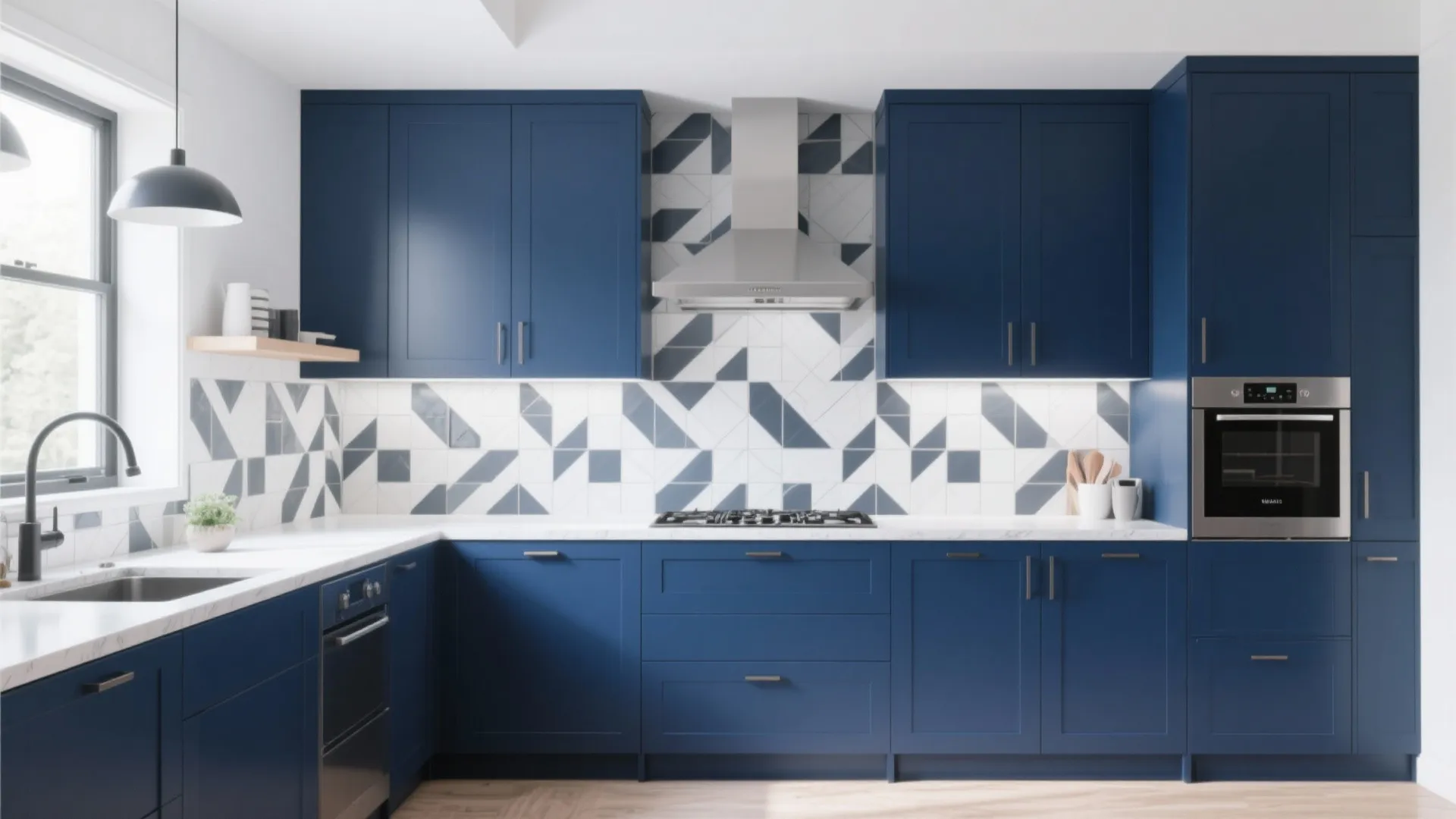 Contemporary blue kitchen with geometric pattern wall tiles, white counters, built in oven and window