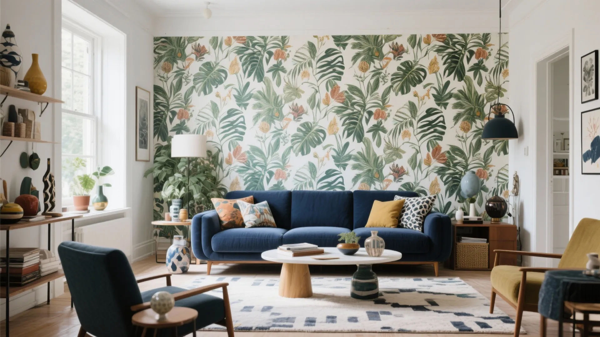 9. Navy Couch Against Bold Wallpaper