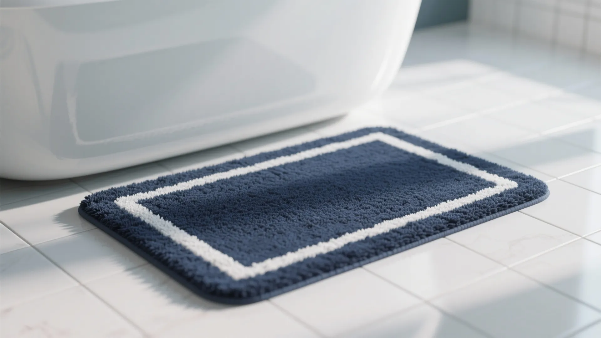 4. Navy bath mat with white geometric border