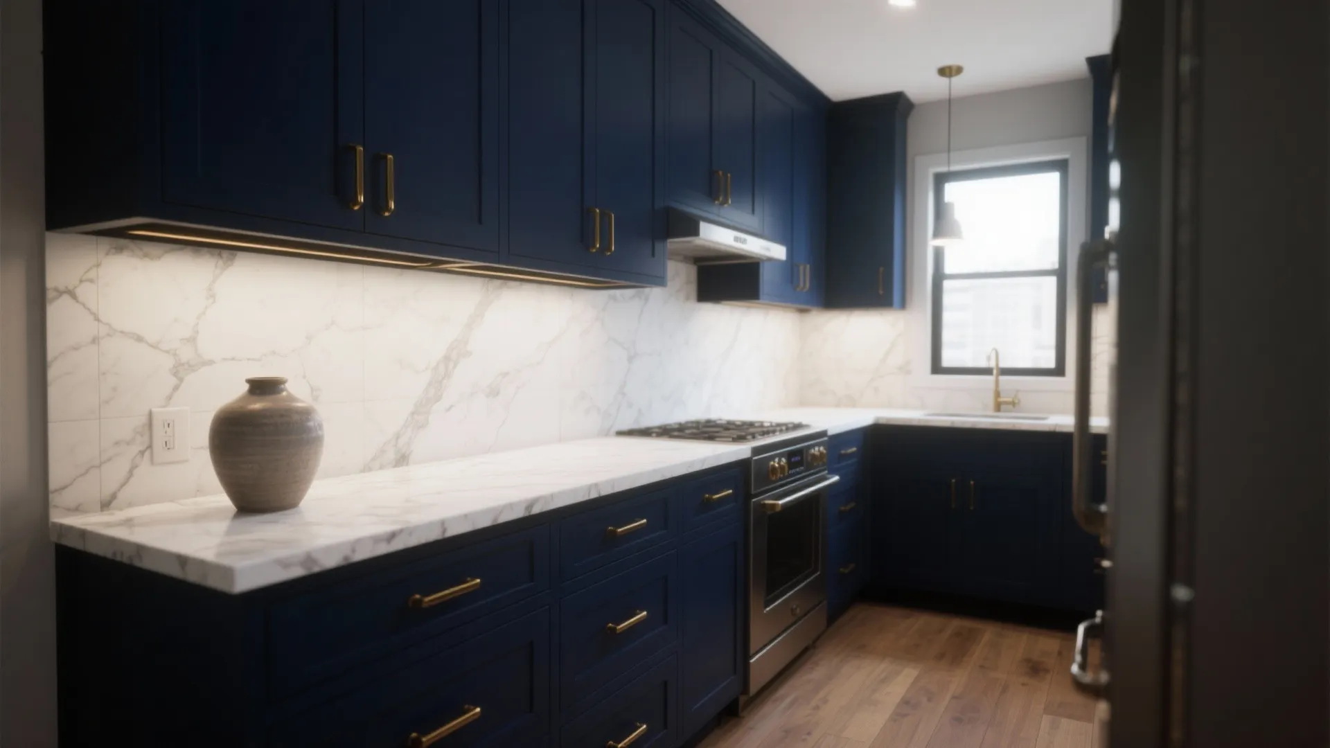 1. Navy Elegance with Brass Accents