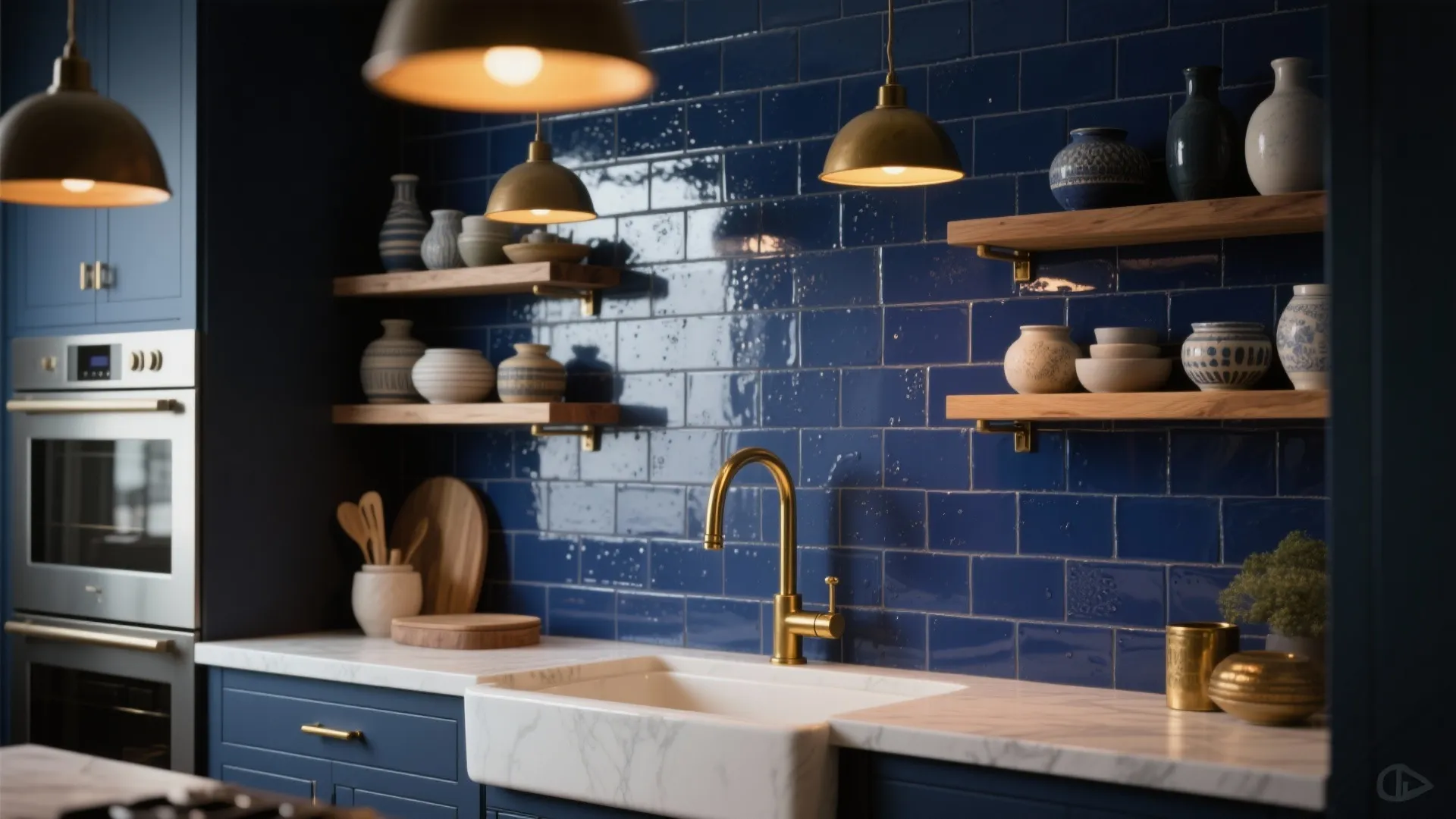 Modern kitchen featuring navy blue wall tiles gold water tap white marble sink and wooden shelves