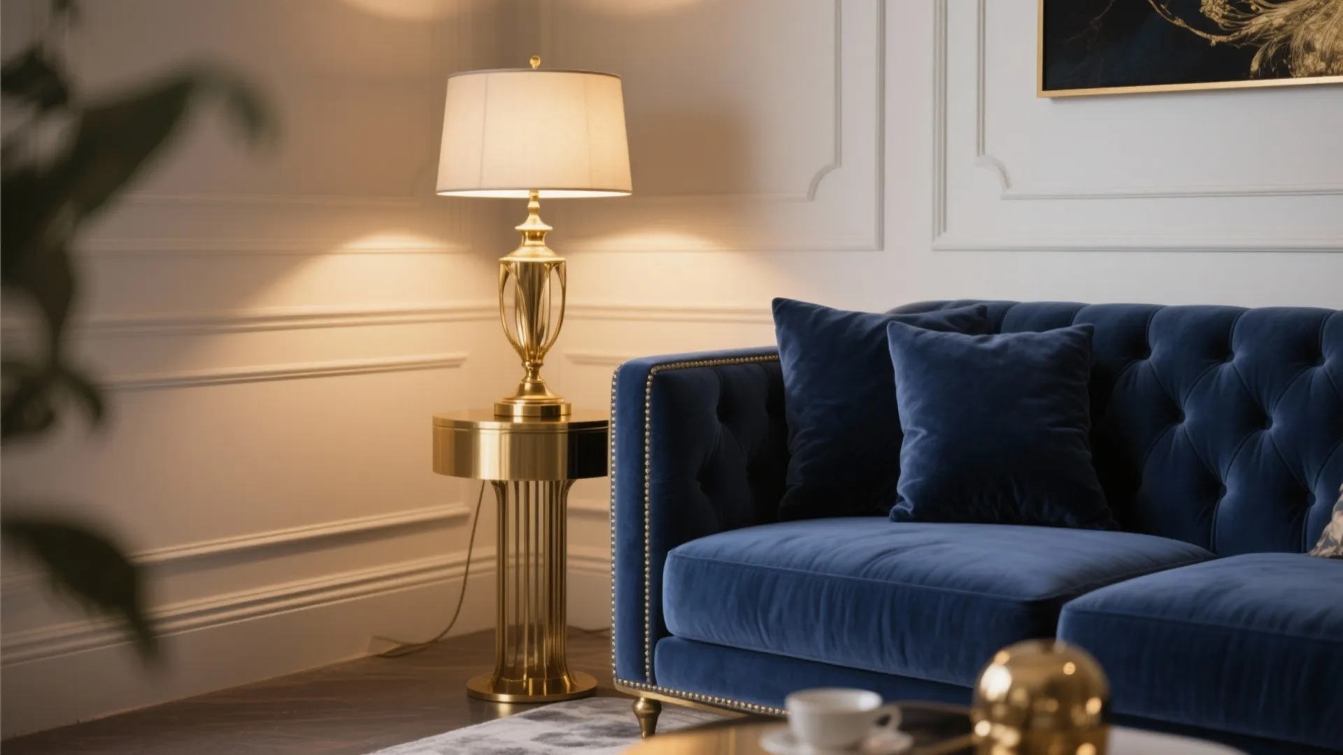 2. Navy Couch with Brass Accents