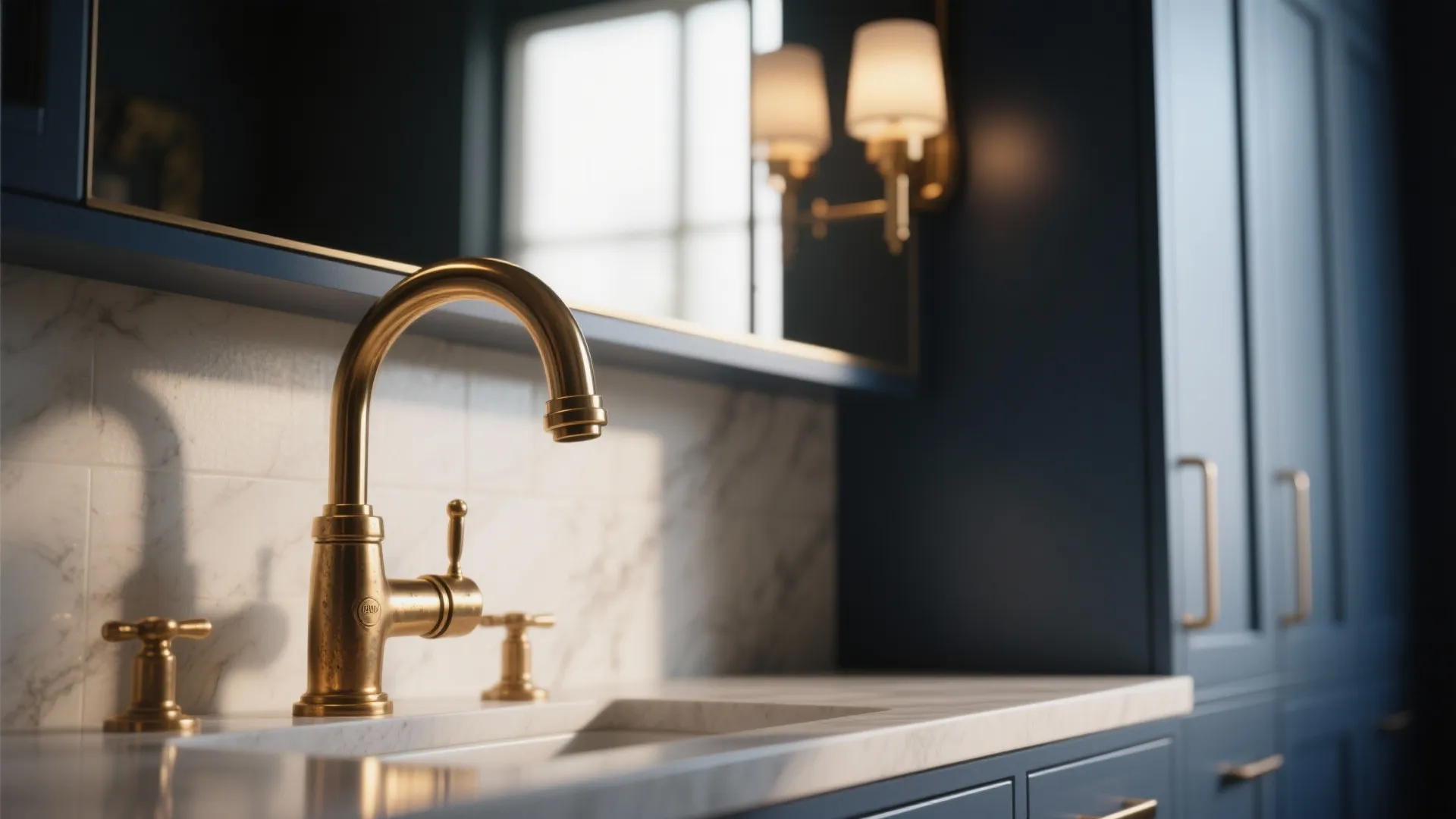 Gold water tap on marble countertop with white sink and blue cabinets in modern bathroom