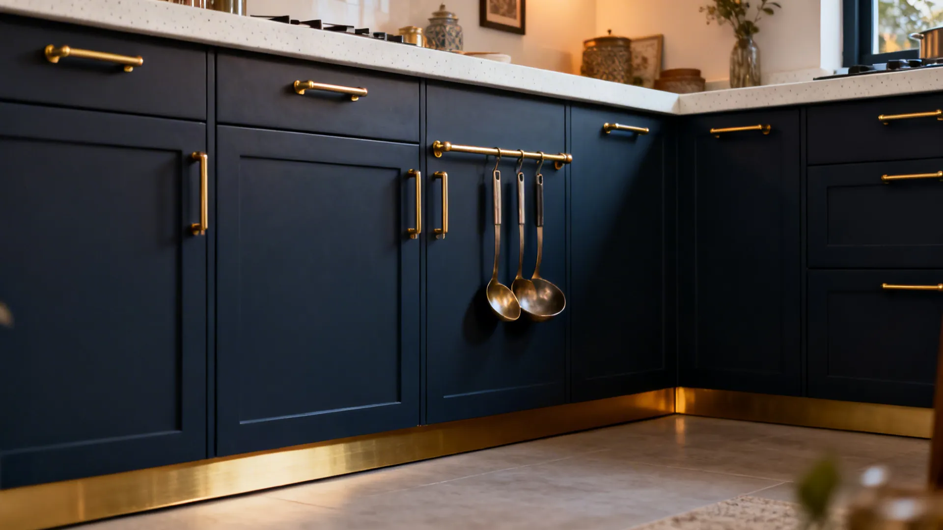 Navy cabinets with brass handles, rail, and toe-kick detailing in a compact kitchen.