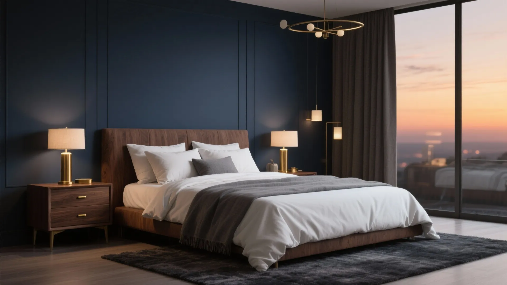 Navy + Brass + Walnut (Cosy-Luxe Bedroom)