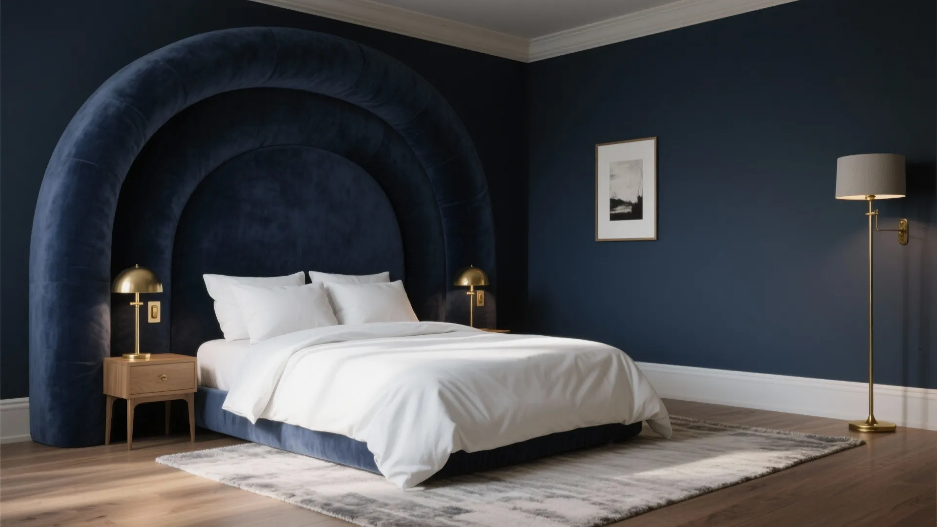 Moody Navy Bedroom with Brass Highlights